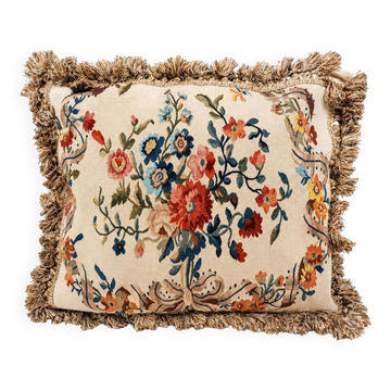 Large French Style Aubusson Floral Tapestry Cushion Rose Bouquet & Tassel Fringe