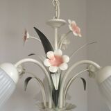 Vintage 3-light chandelier in pink and white metal and glass shaped like flowers, France.
