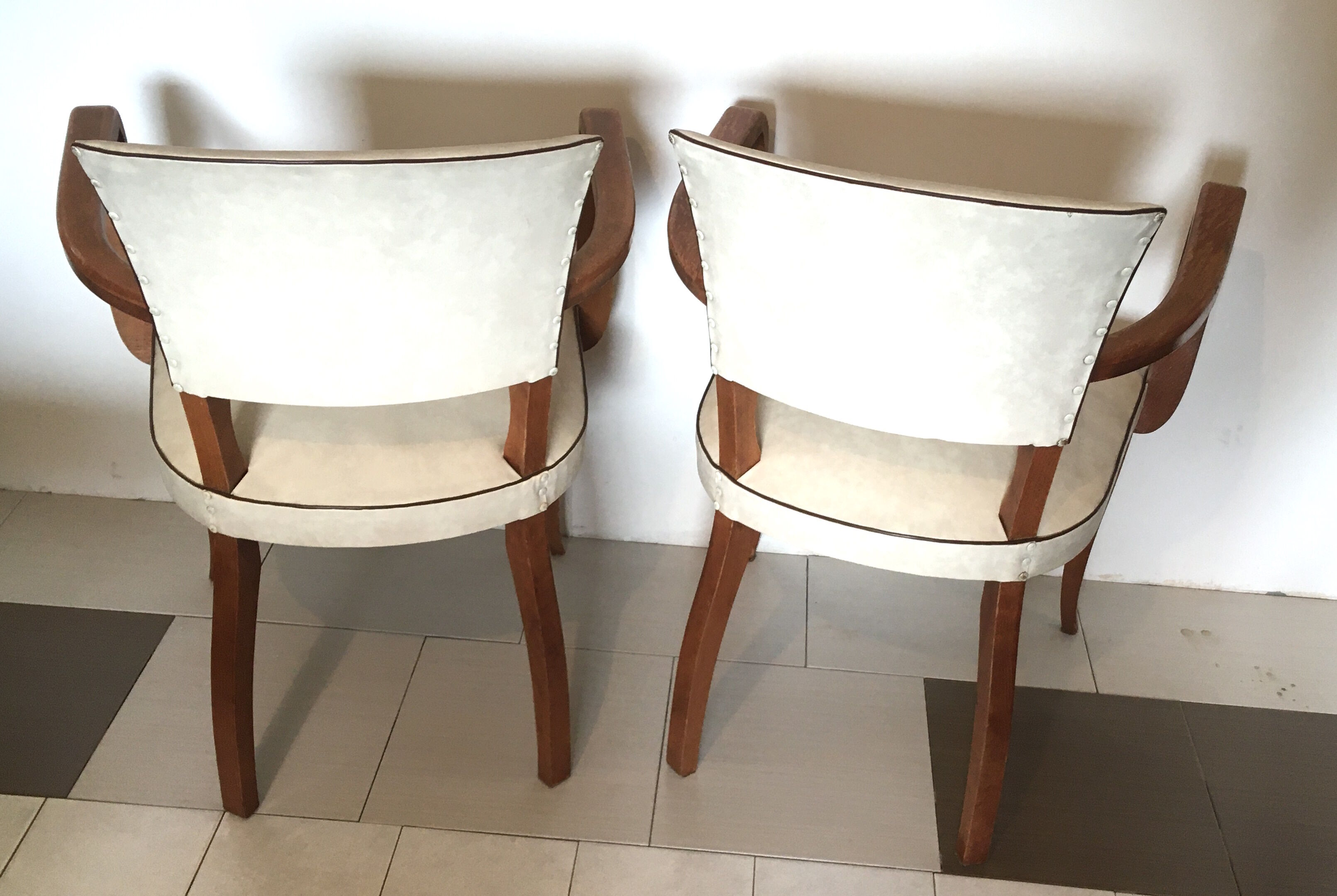 Pair of armchair bridge skai white year 50/60 wood spring deco vintage art deco