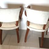 Pair of armchair bridge skai white year 50/60 wood spring deco vintage art deco
