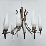 Mid-Century 8 lights brass and opaline glass chandelier. Italy 1950s