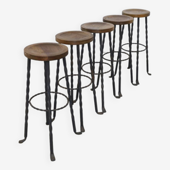 5x tabouret de bar brutaliste en fer forgé, 1970