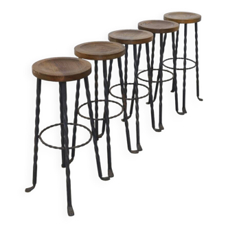 5x tabouret de bar brutaliste en fer forgé, 1970