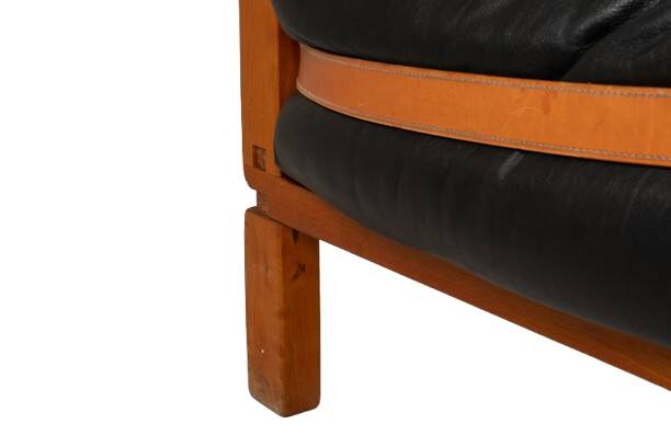 Pierre Chapo. S22 two-seater sofa, in elm and black leather. 1970