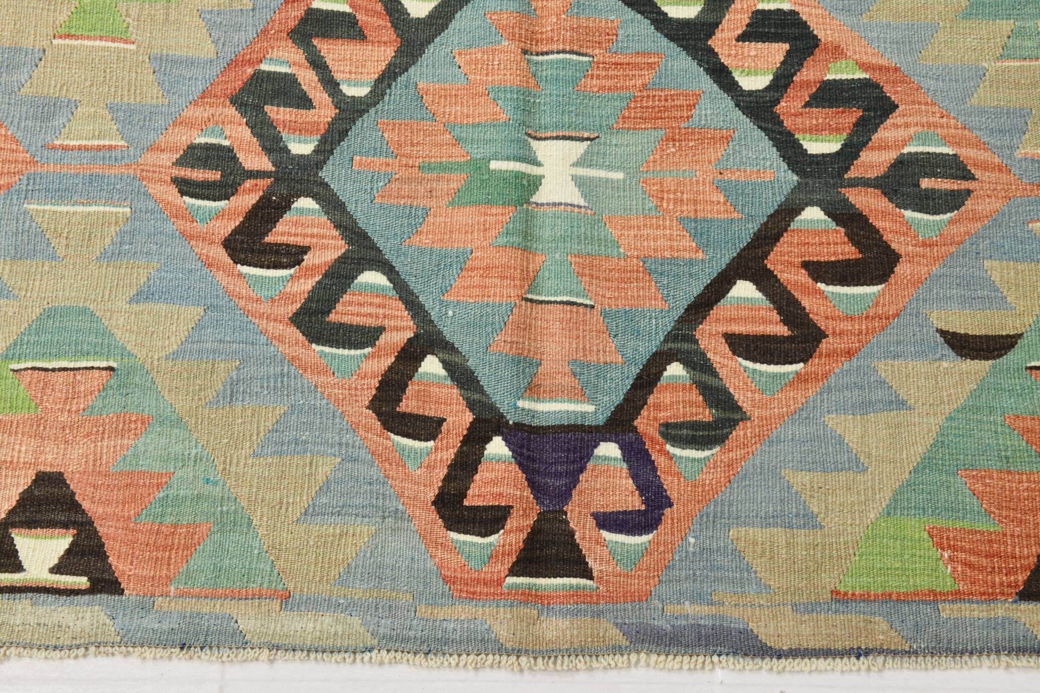 6x10 Light Blue & Green Goemetric Kilim Rug, Handmade Wool Bedroom Carpet