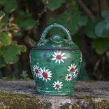 Vintage gargoulette, jug, green painted pitcher with daisy patterns