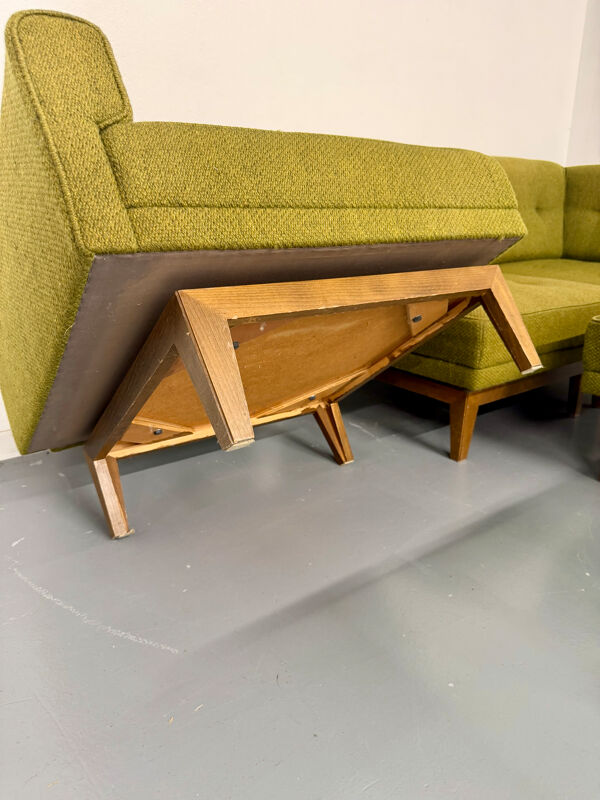 Ancien canapé d’angle modulable design scandinave en tissu vert 1960