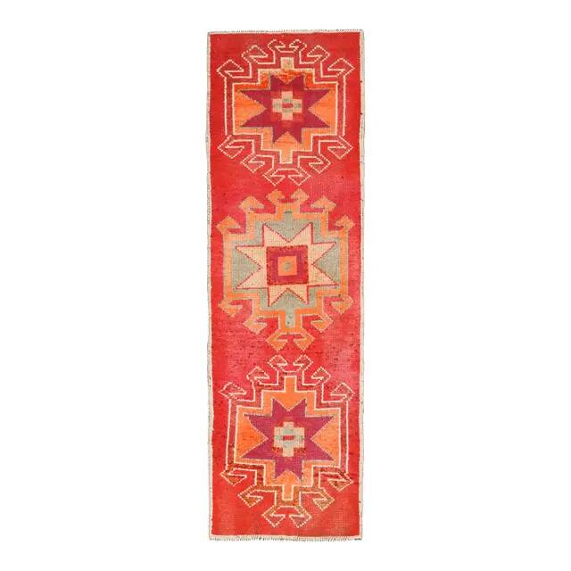 Vintage Turkish Hand-Knotted Wool Cotton Red Runner Rug 88x299