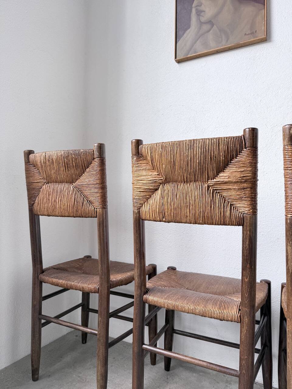 Set of 6 straw and oak Beauche chairs.