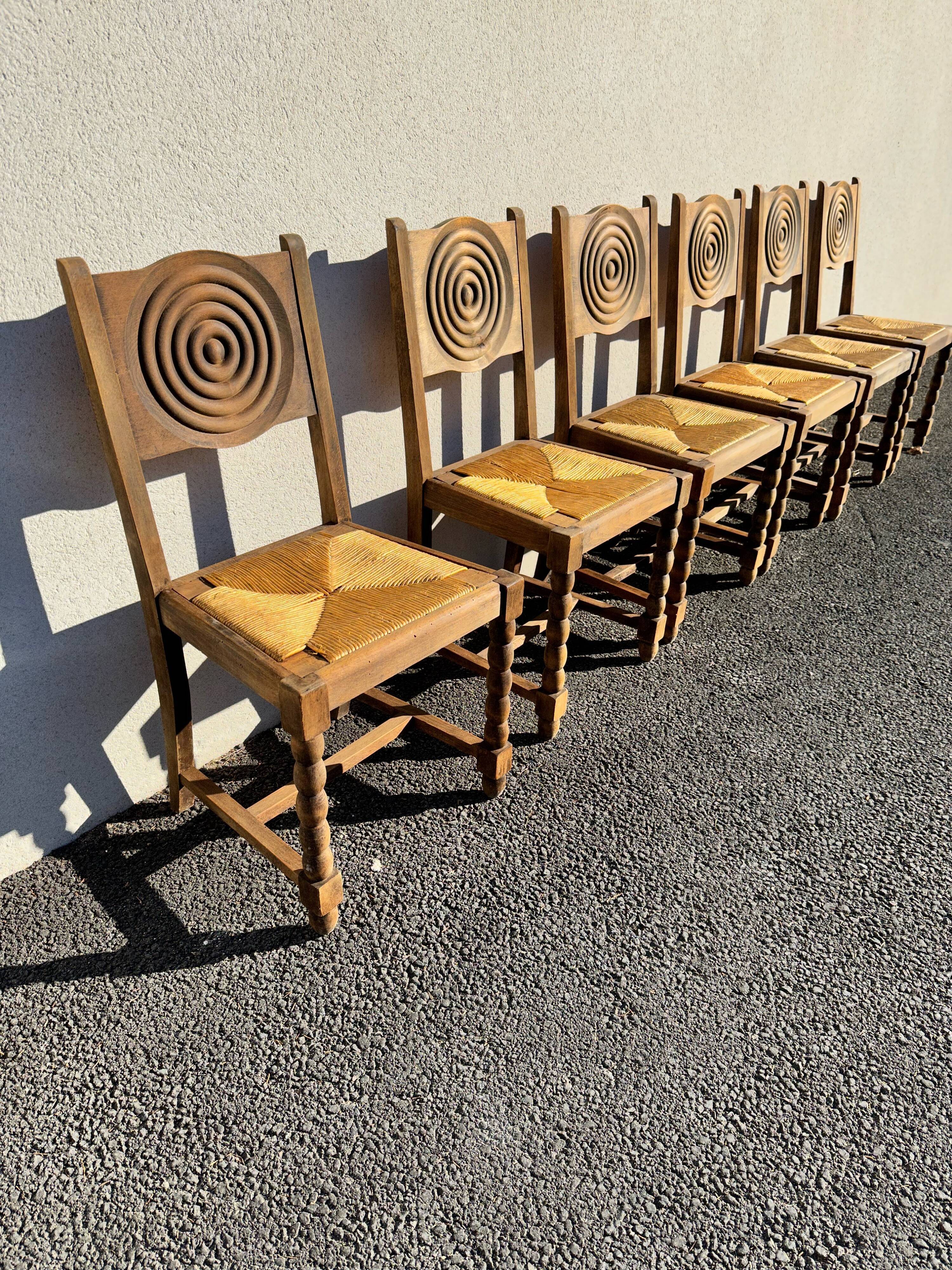 6 rustic style chairs, wood and straw, 1940