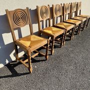 6 rustic style chairs, wood and straw, 1940