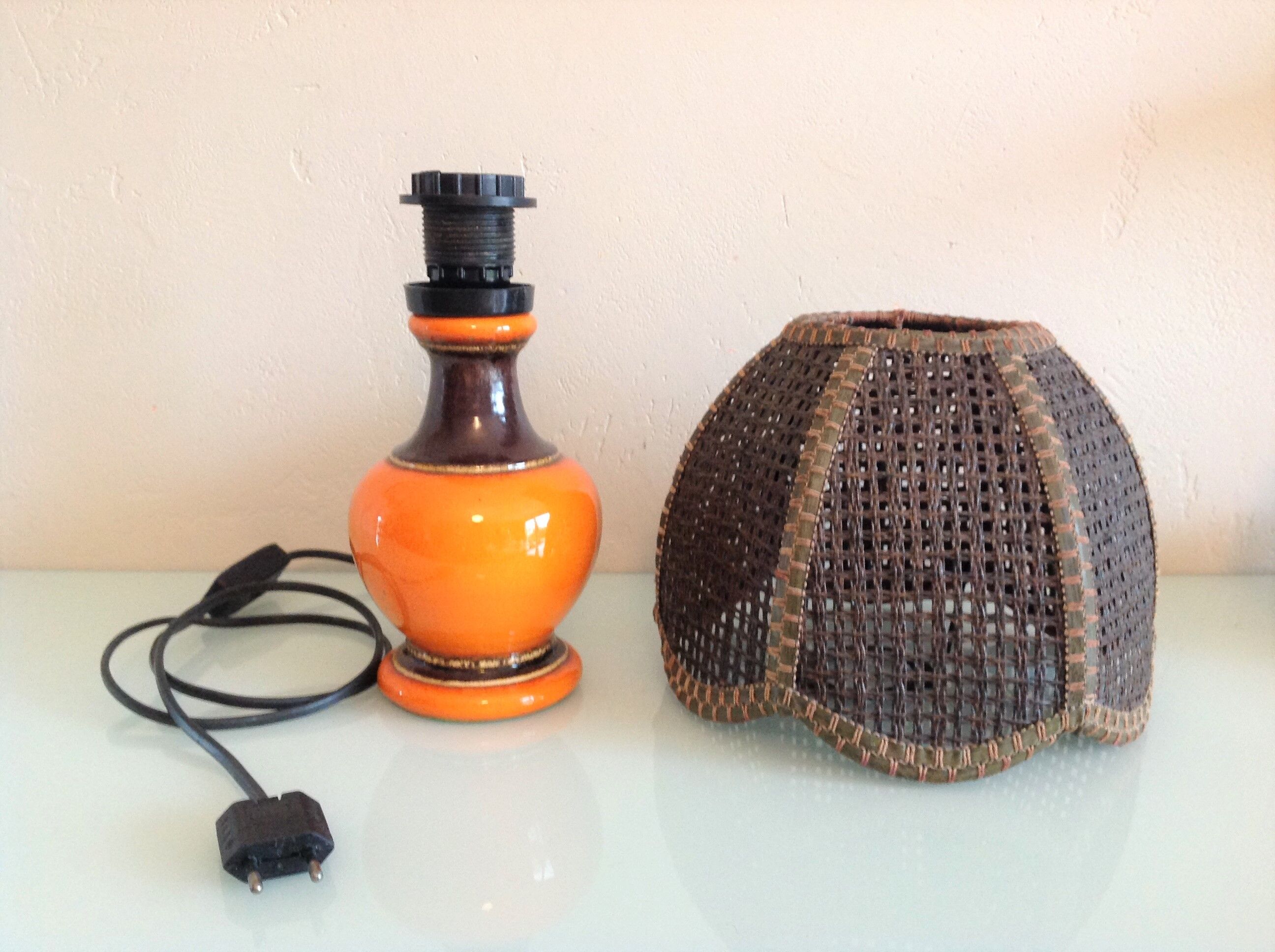 Orange ceramic lamp and brown canned lampshade by Pan Keramik / 60s-70s
