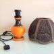 Orange ceramic lamp and brown canned lampshade by Pan Keramik / 60s-70s