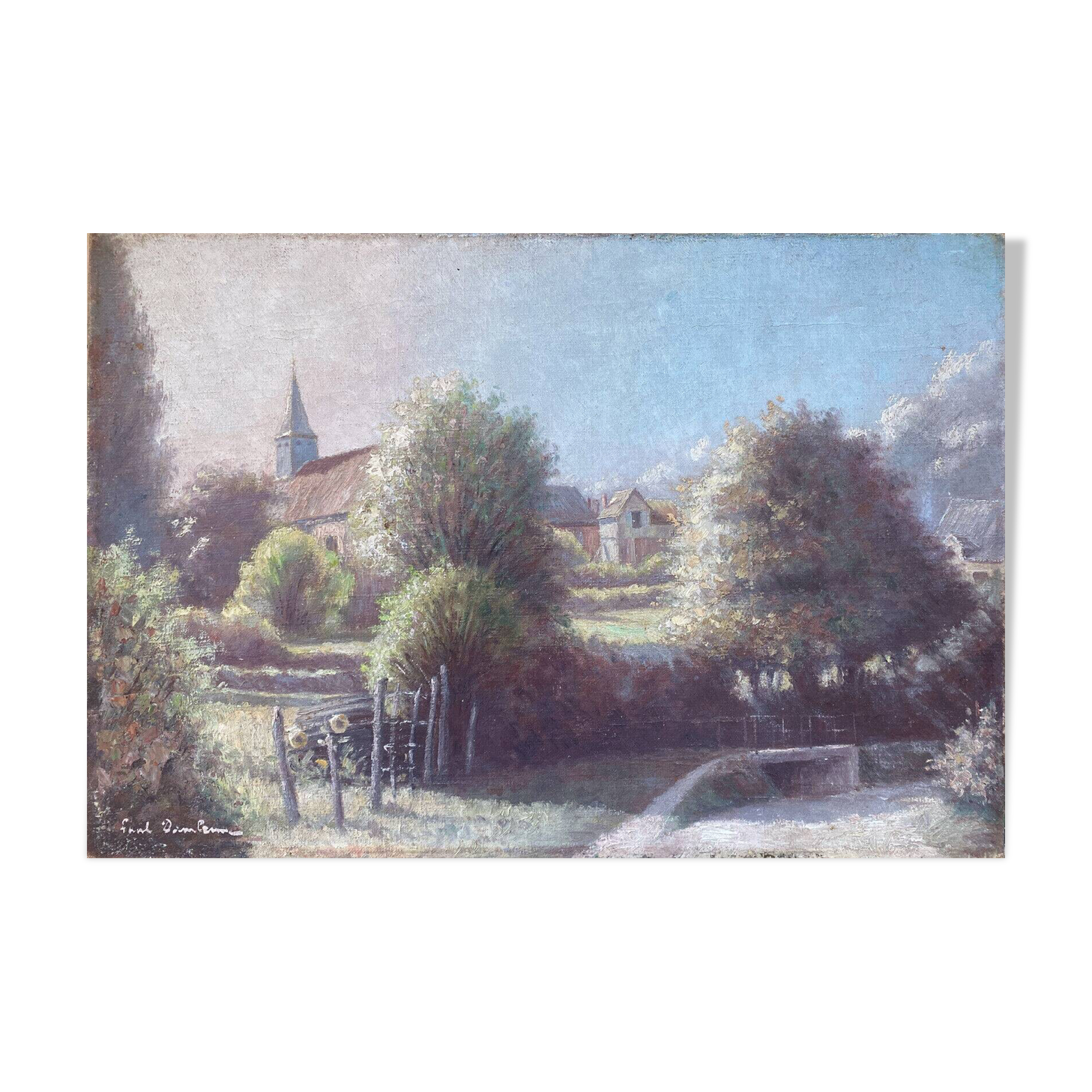 HST painting "Country part with bell tower" signed 19th century