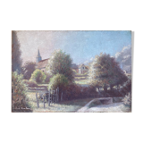 Tableau HST "Partie de campagne avec clocher" signé XIX° siècle
