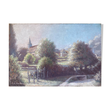 HST painting "Country part with bell tower" signed 19th century