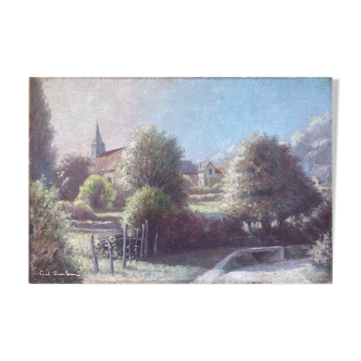 HST painting "Country part with bell tower" signed 19th century
