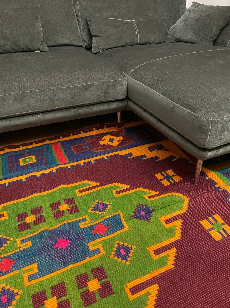 Handwoven vintage accent geometrical rug, colorful wool, Romanian carpet 230x160cm