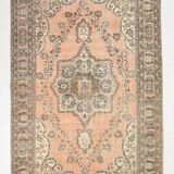 Tapis persan vintage saumon et ivoire, médaillon floral noué main,182x284Cm