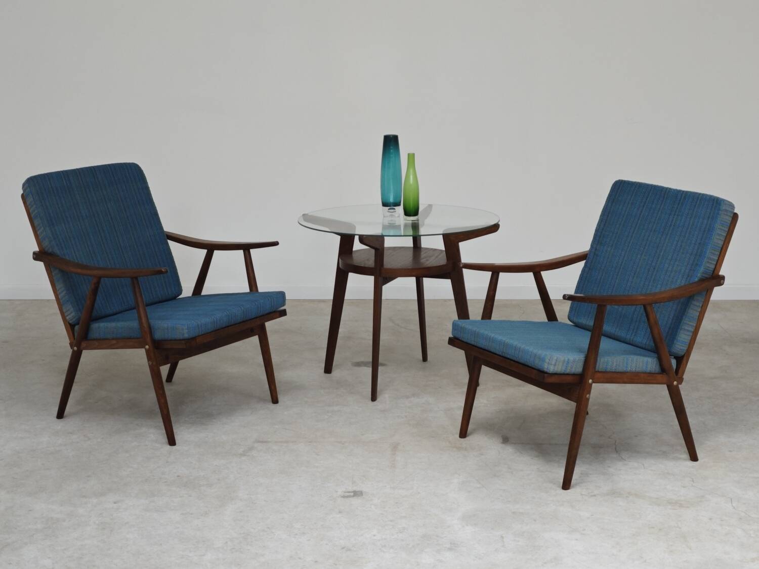 Pair of blue boomerang armchairs by Antonin Suman for Ton (Thonet) 1960