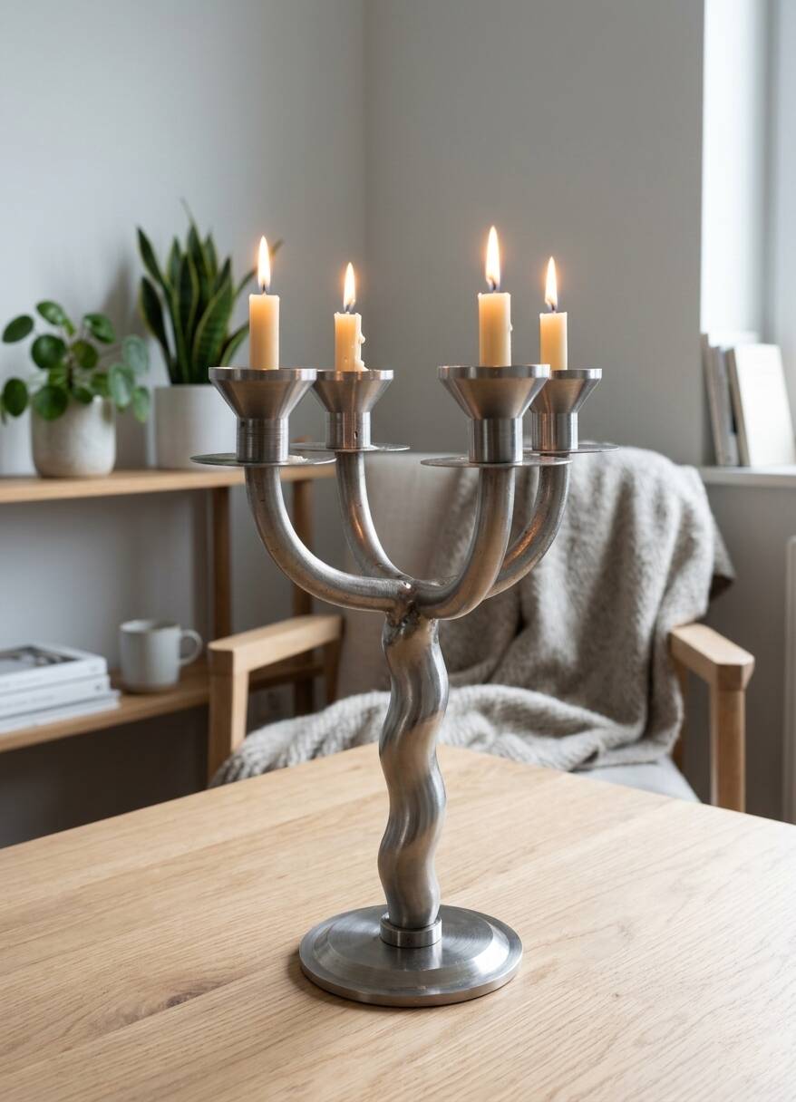 Vintage brutalist chandelier with 4 lights in brushed metal.