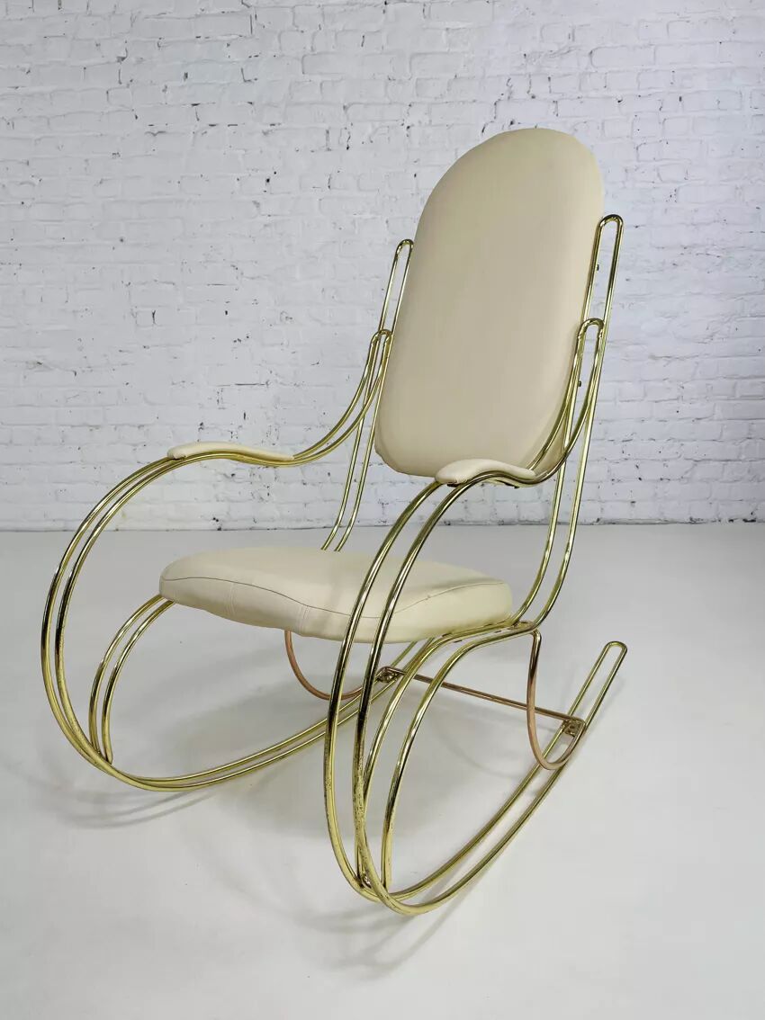60s rocking chair in brass and ecru faux leather