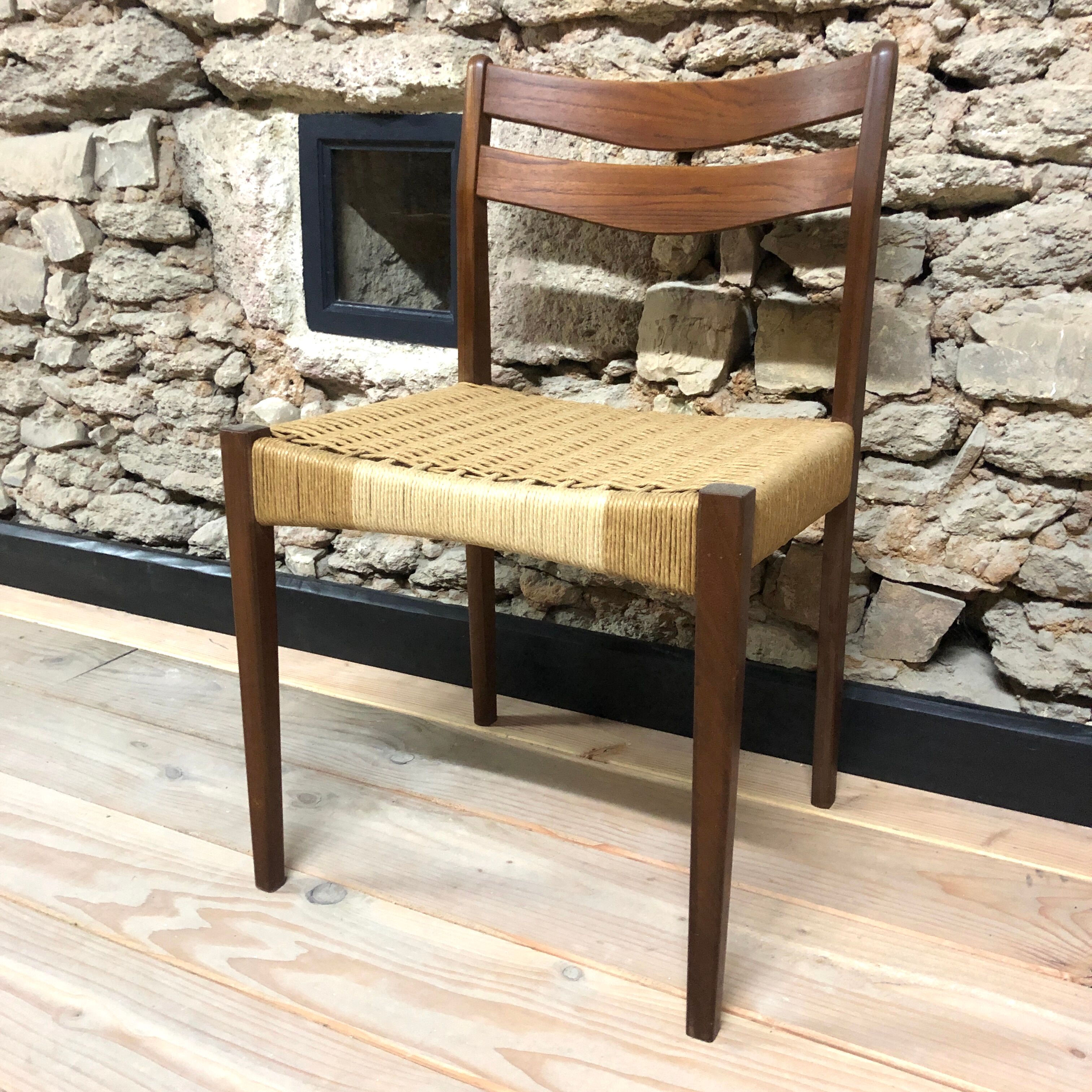 Set of 4 Scandinavian teak and rope chairs from the 60s