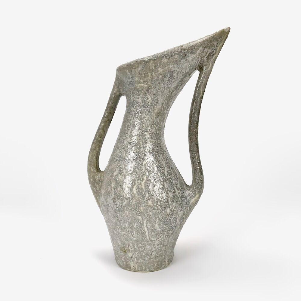 Large asymmetrical vase Vallauris pearl grey and enamelled orange