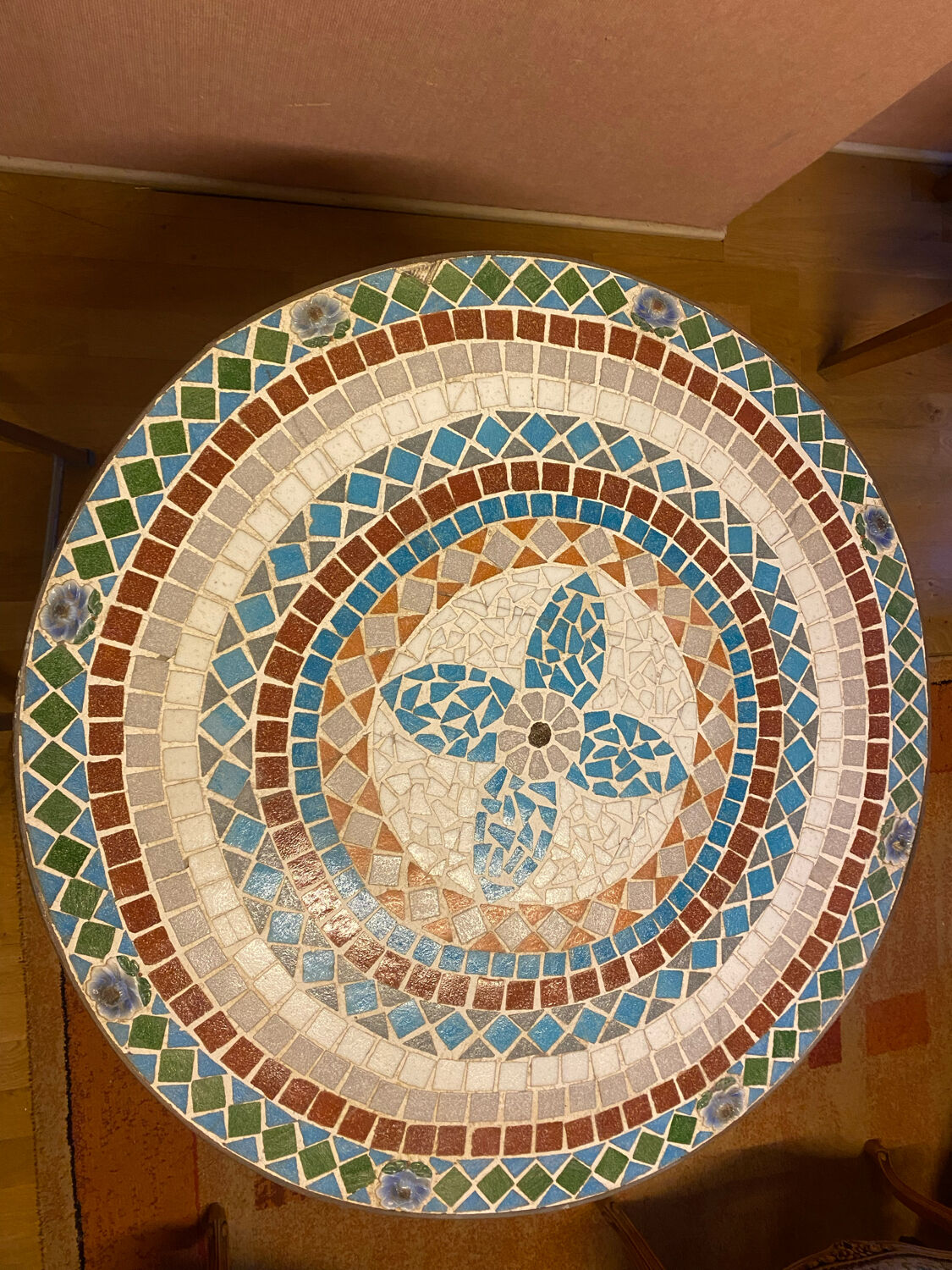 Mosaic garden table, gooseneck legs