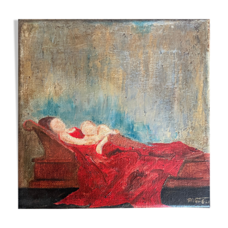 Oil painting on canvas with wooden frame woman lying with her baby