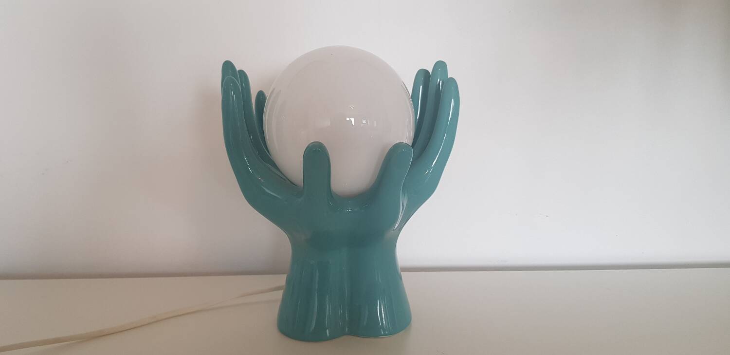Ceramic and opaline lamp forming two hands, 1970s