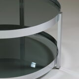 Round chrome-plated metal coffee table and smoked glass tops, France 1970s