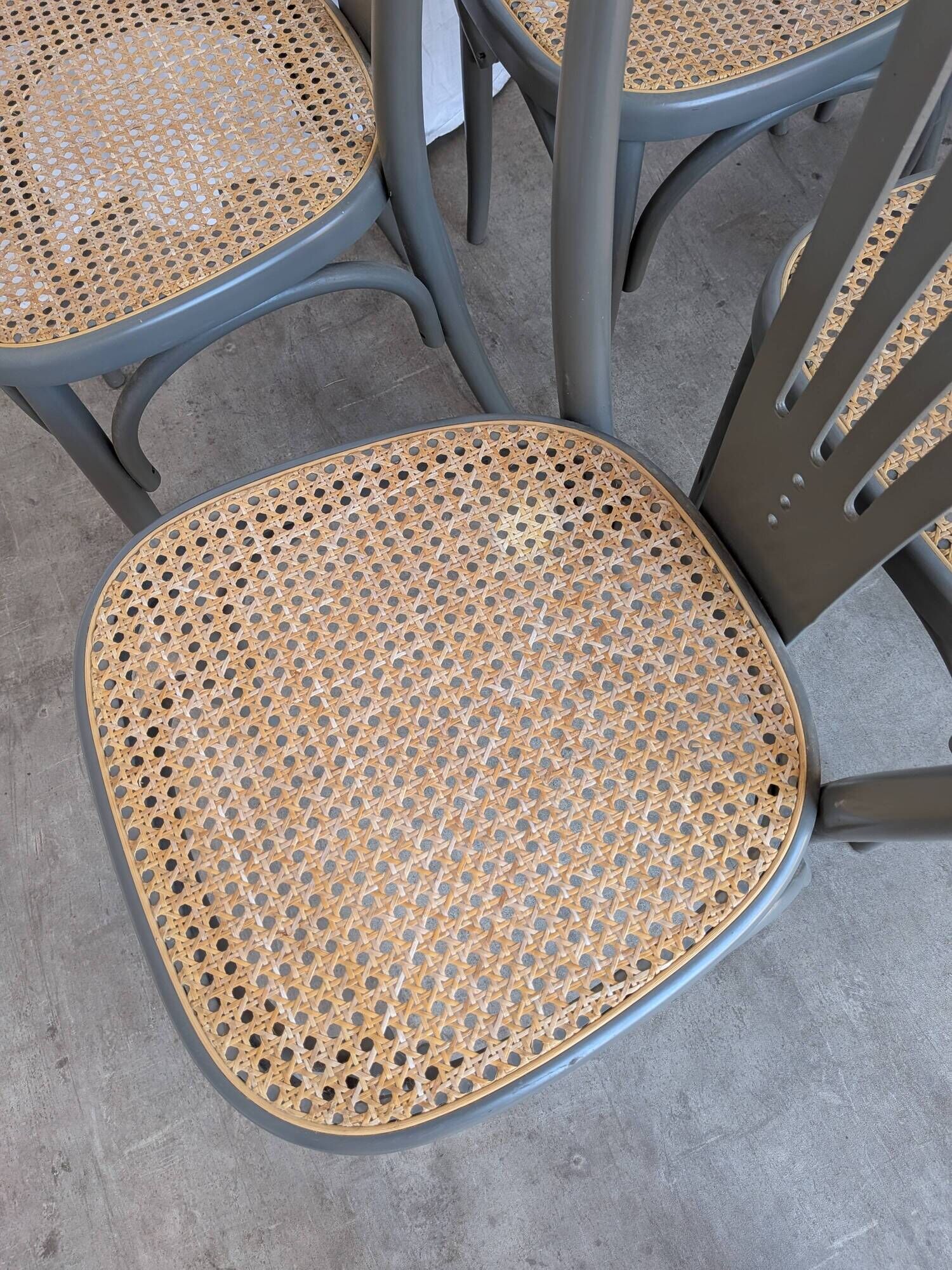 Set of 8 Vintage Gray Bentwood Dining Chair: Thonet Style Cane Seat