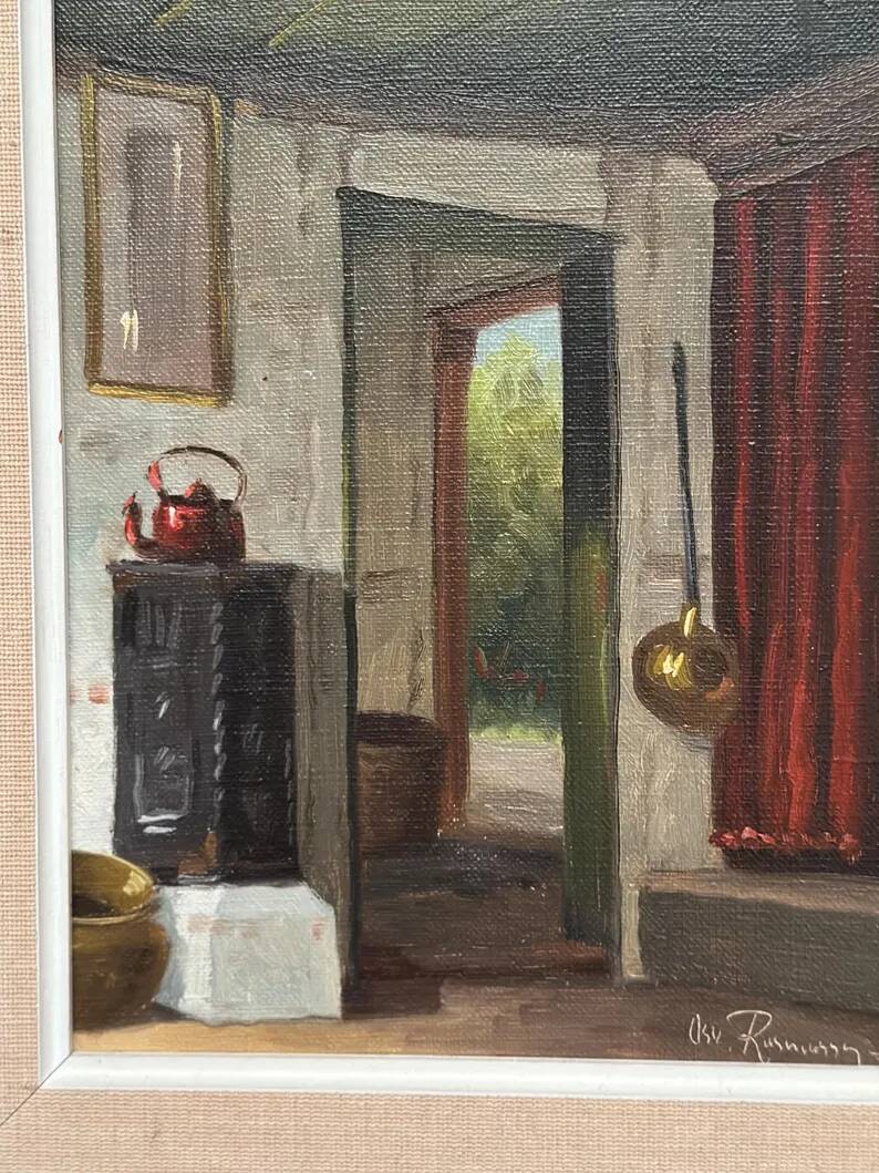 Original Swedish Oil on Canvas – 'Kitchen II' by Osvald Rasmussen – Signed – Vintage and Framed – 41 × 37 cm (16.1" × 14.6")