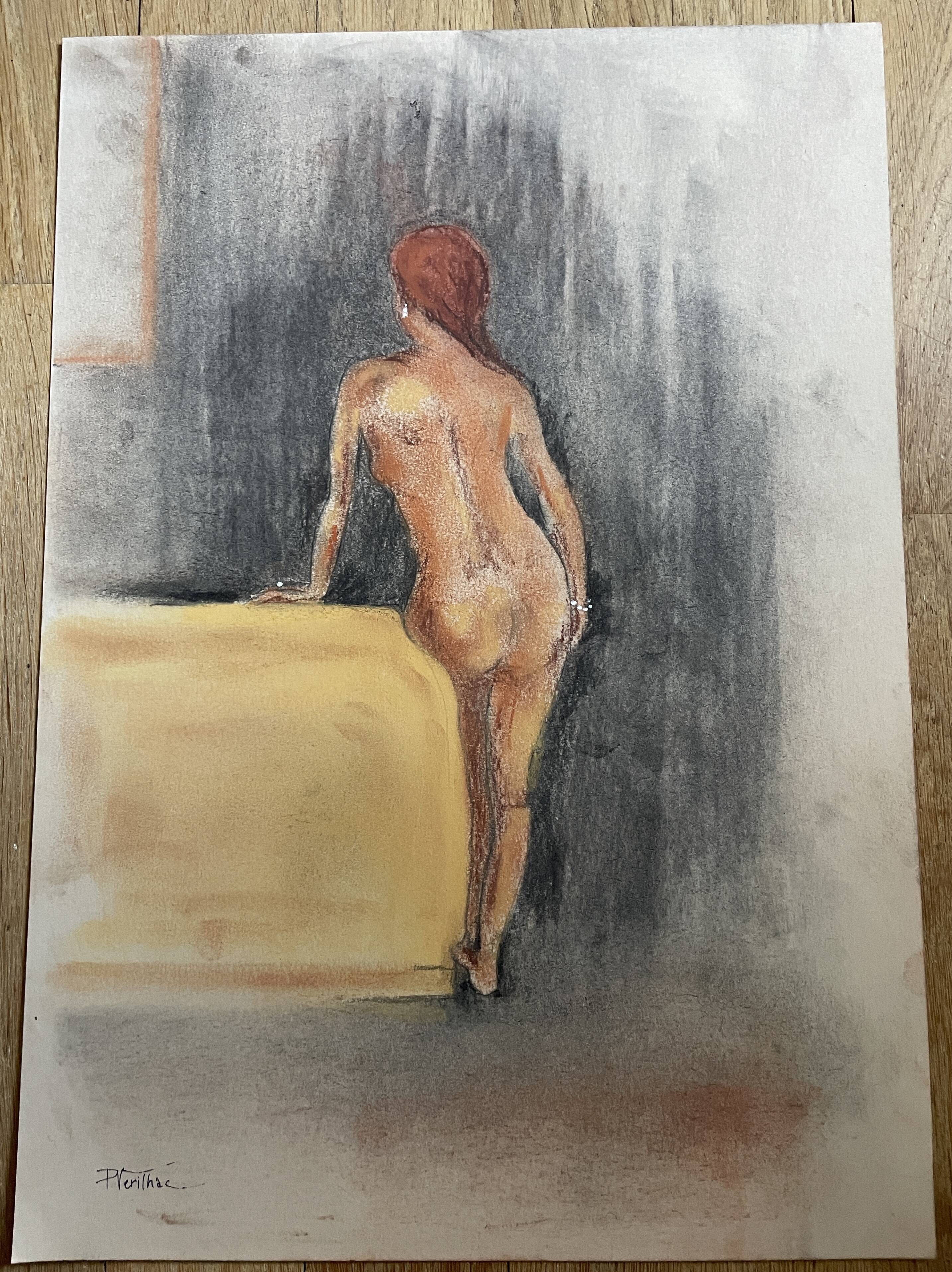Painting signed pastel female portrait “the ocher sofa” 42x30 cm