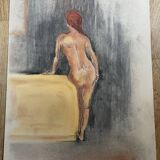 Painting signed pastel female portrait “the ocher sofa” 42x30 cm