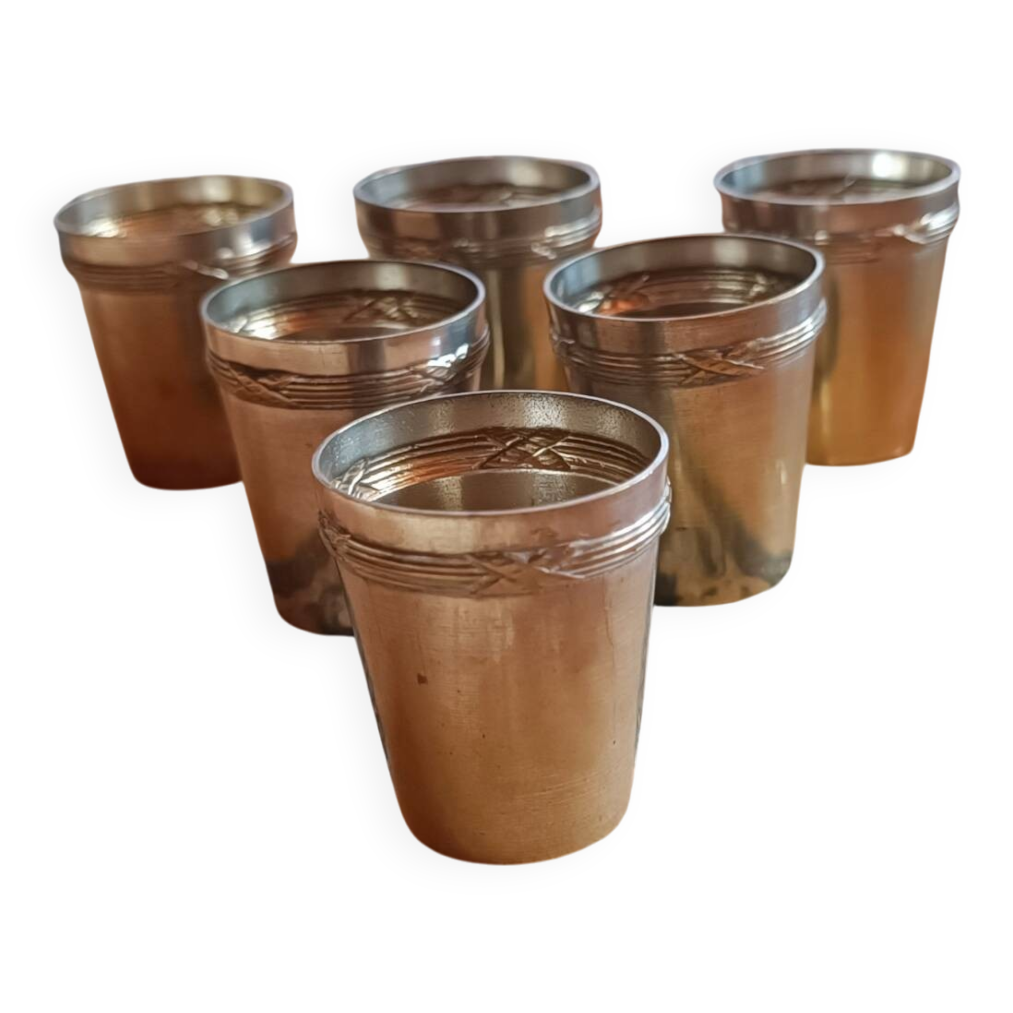 6 silver-plated metal glasses, decorated with a chased ribbon design