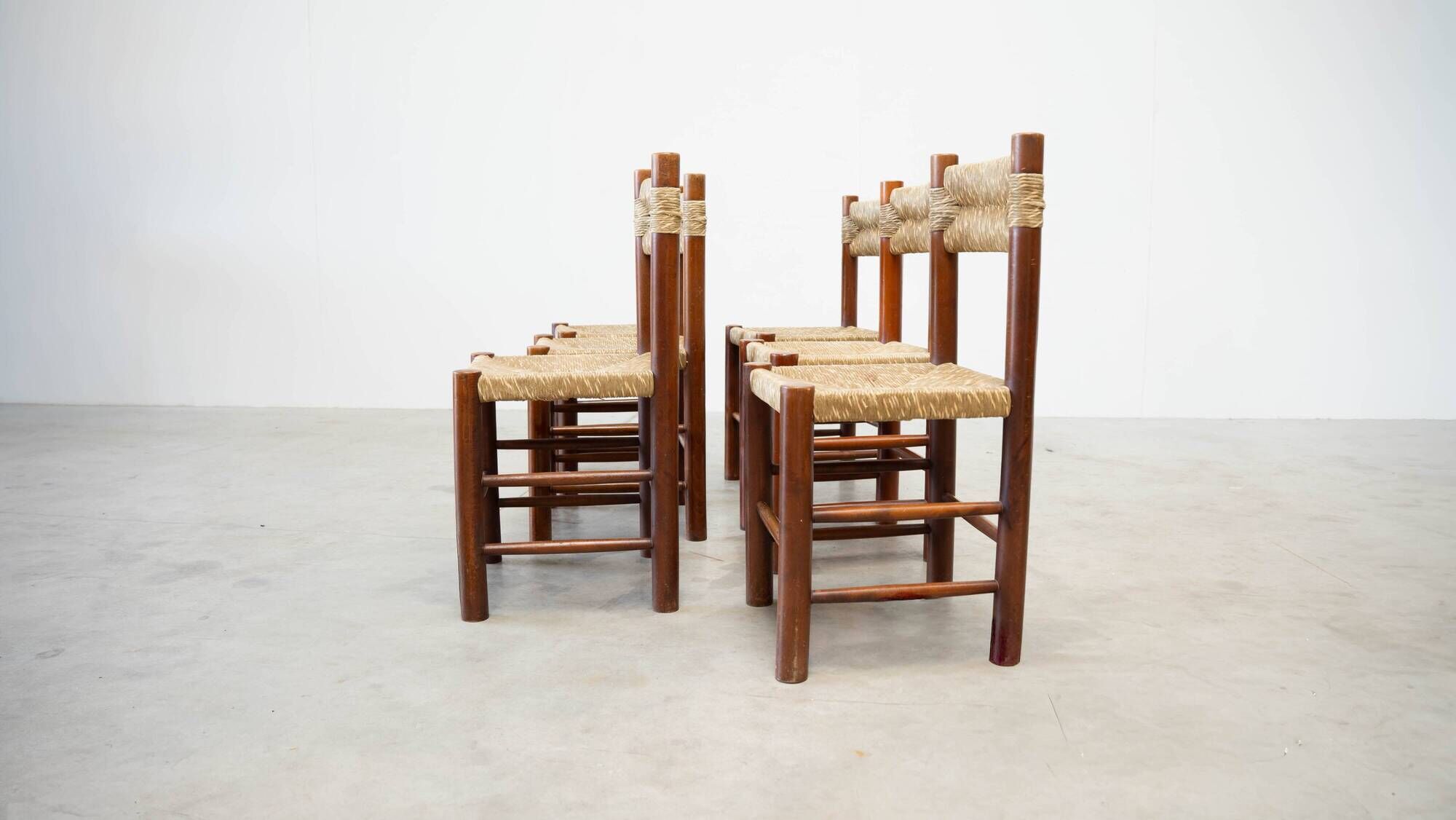 Set of six rattan and oak French dining chairs