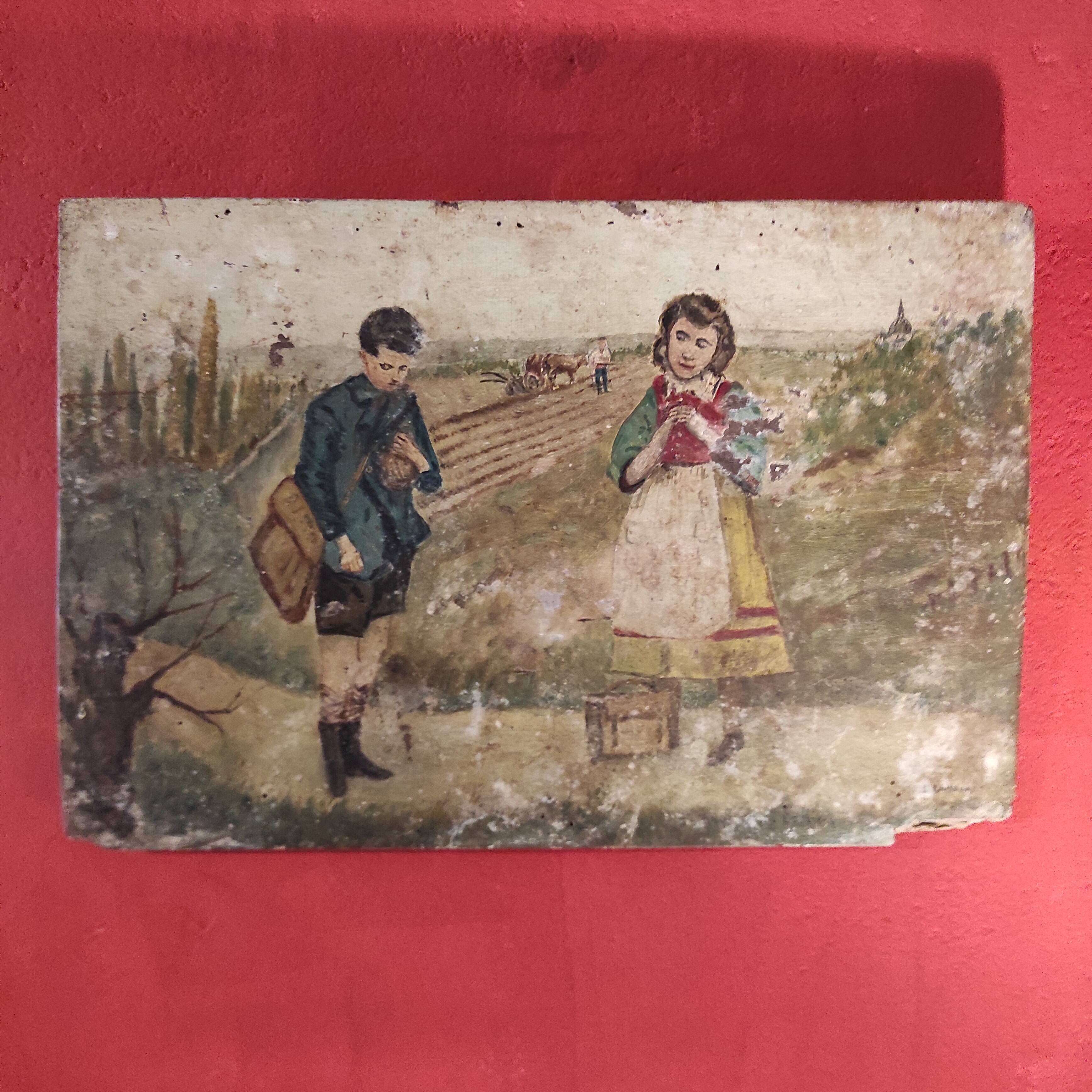 French vintage oil painting, L'Angelus des ecoliers, signed D. Ladrens