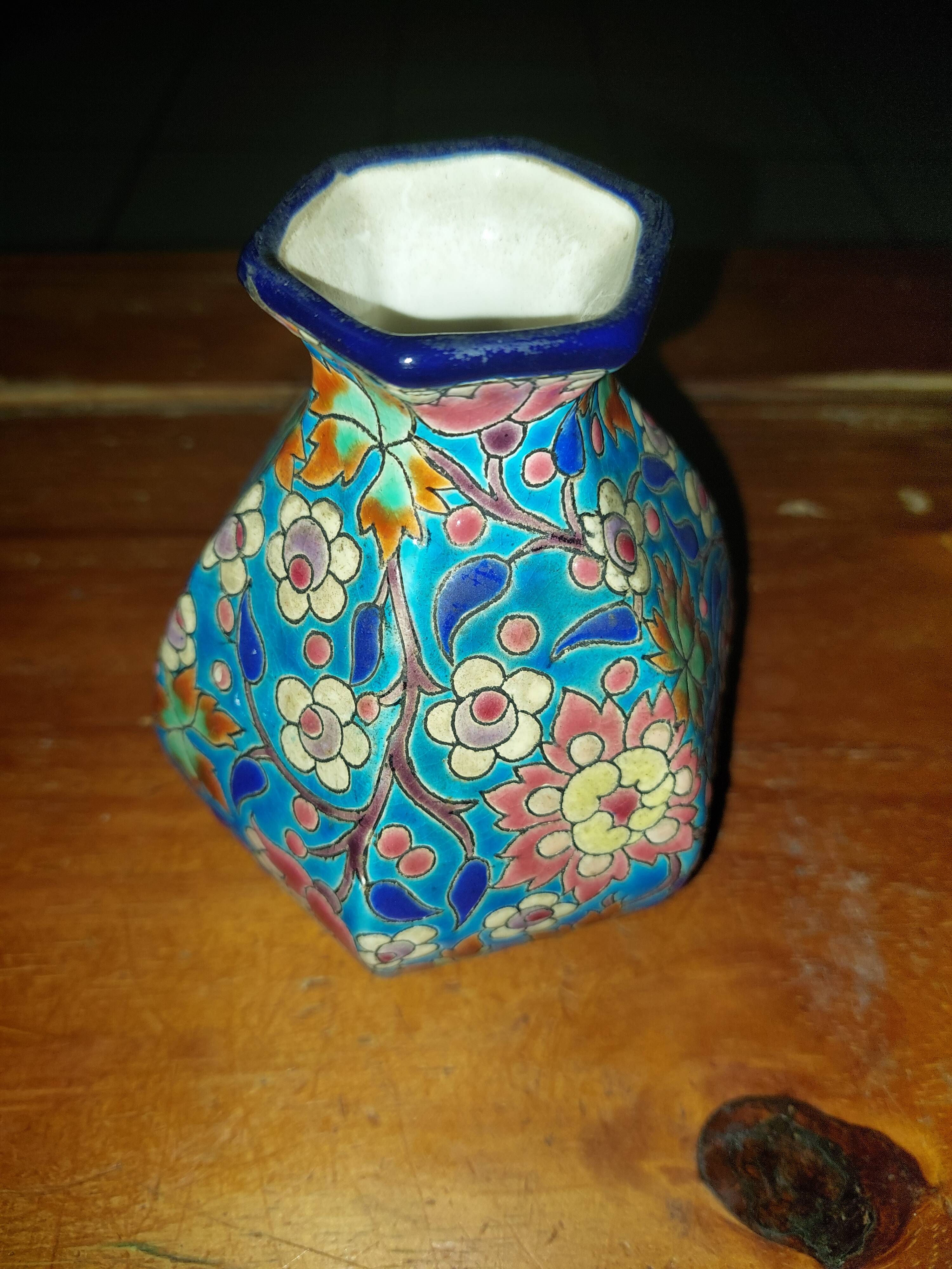 Hand-decorated Longwy enamel vase no. D.5670