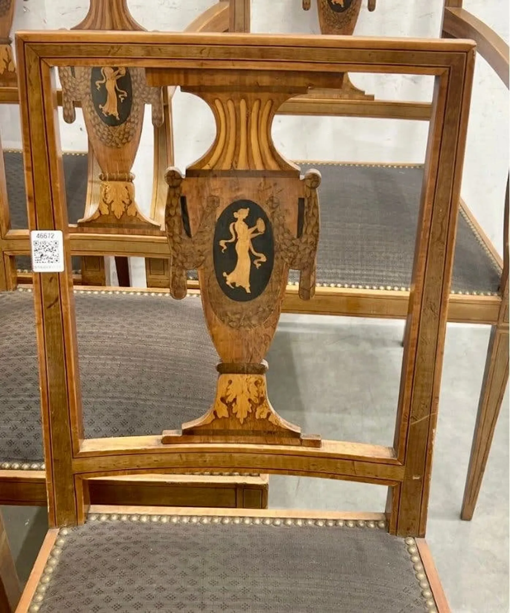 Set of 9 neoclassical chairs and 2 armchairs in marquetry.