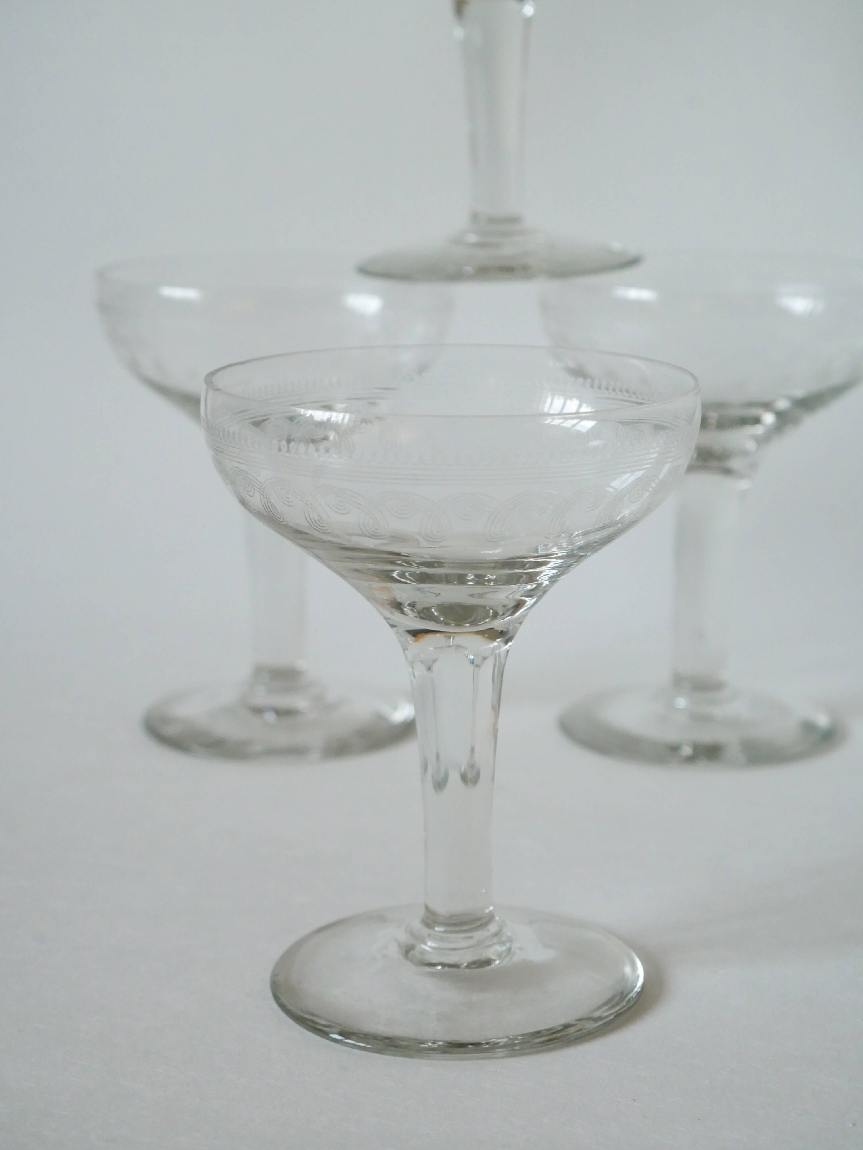 set of 5 engraved crystal champagne glasses 1950