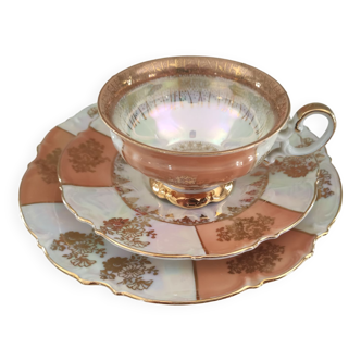 Solitaire in Bavaria iridescent orange and gold porcelain Trio of cup, saucer and dessert plate