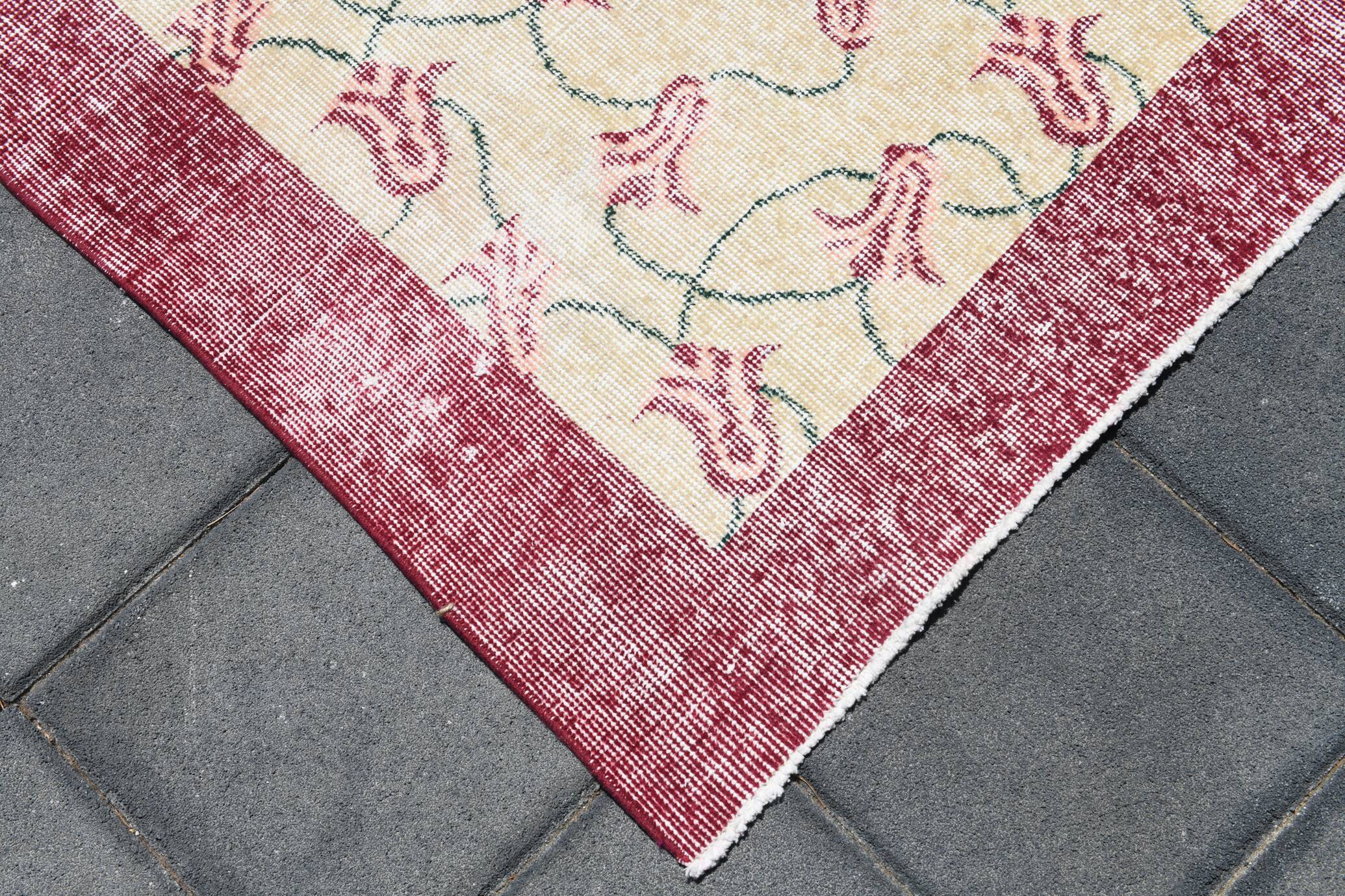 Beige & Burgundy Bordered  Floral Turkish Rug, Neutral Wool Rug, 194x290 Cm