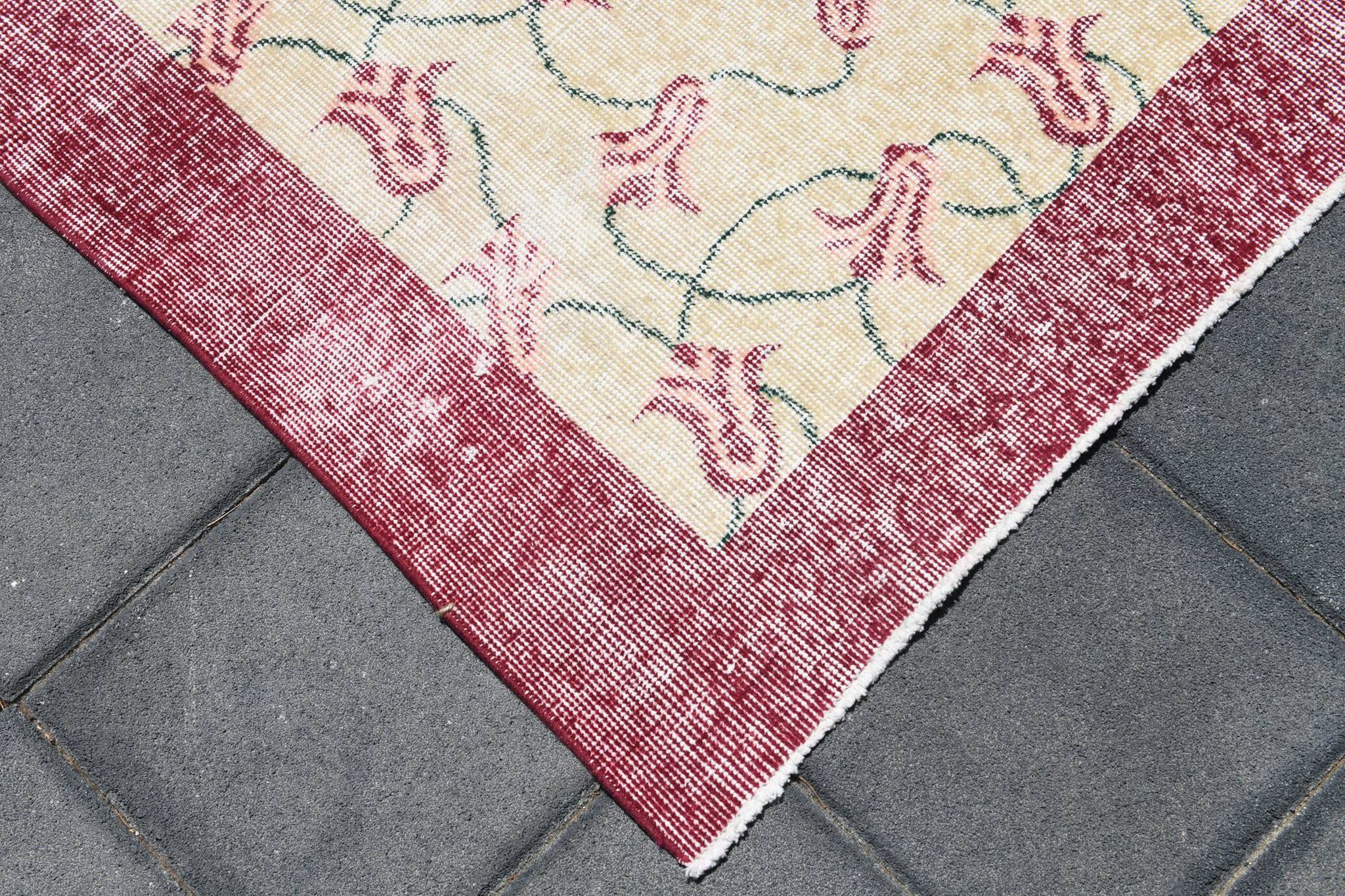 Beige & Burgundy Bordered  Floral Turkish Rug, Neutral Wool Rug, 194x290 Cm
