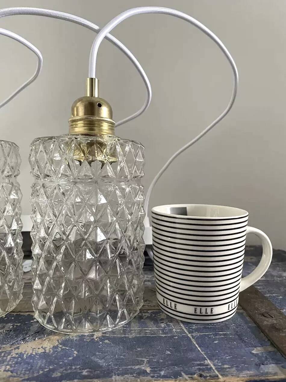 Set of two vintage chiseled glass pendant lights