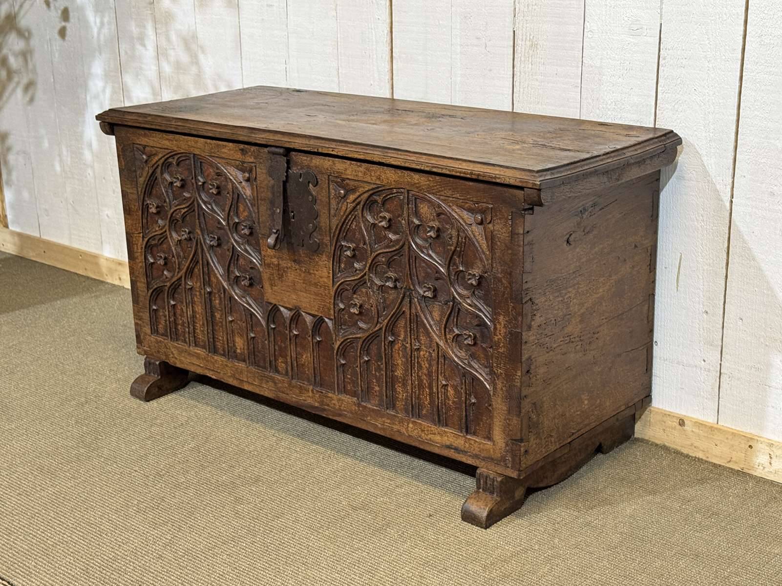 18th-century oak chest with Gothic decoration