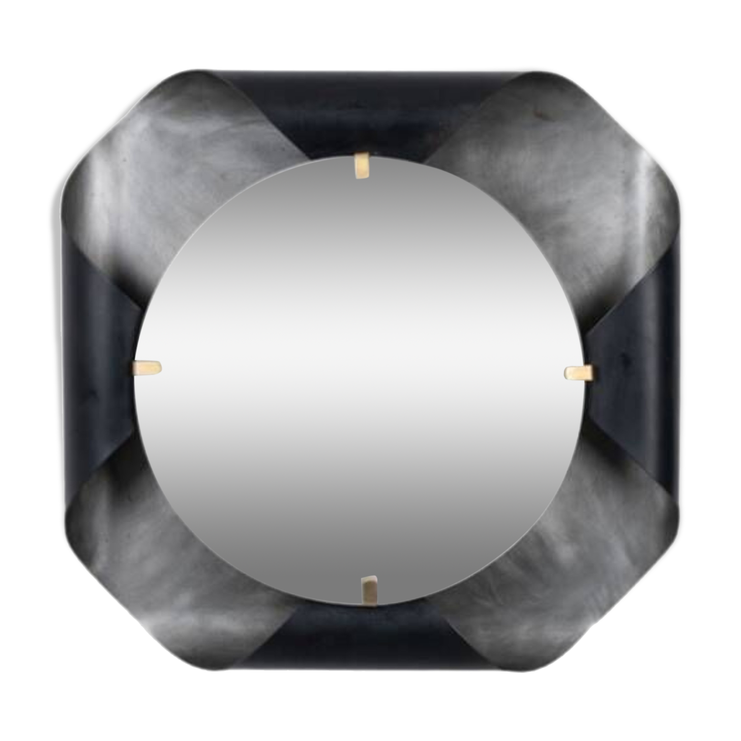 Mirror in curved metal and golden brass. 1970s.