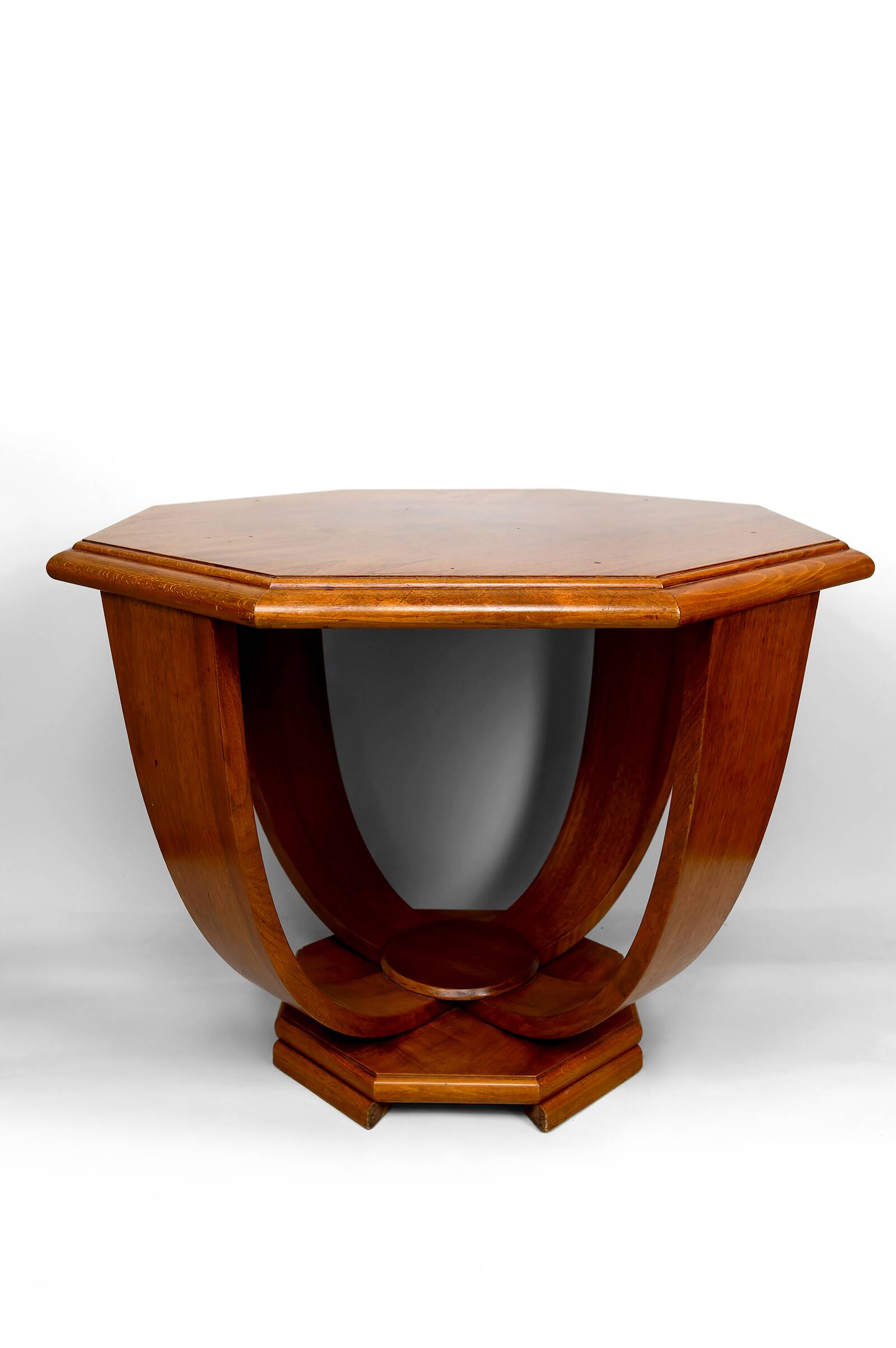 Octagonal Walnut Pedestal Table, Art Deco Modernist, France, c. 1930