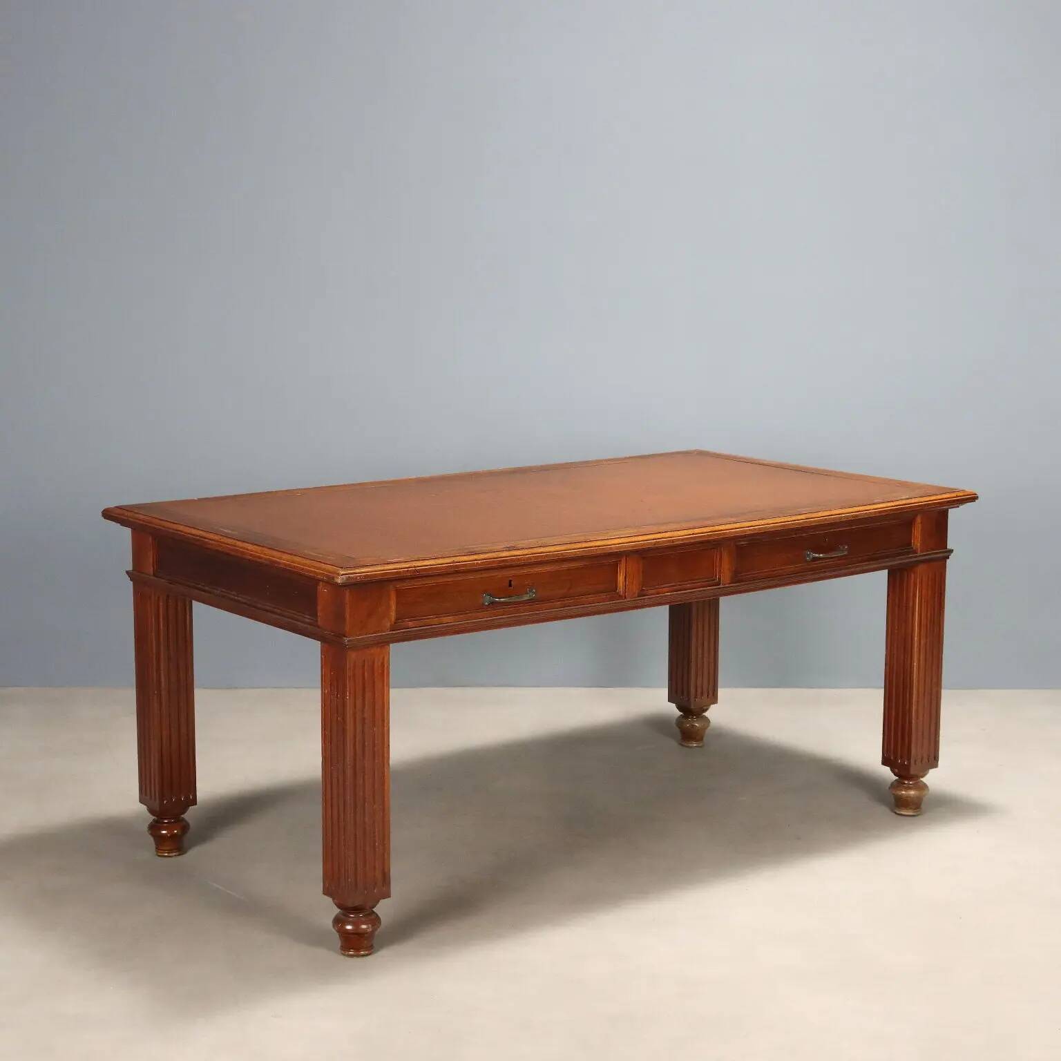Antique walnut desk with brown leather, Italy, 19th century
